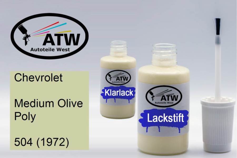 Chevrolet, Medium Olive Poly, 504 (1972): 20ml Lackstift + 20ml Klarlack - Set, von ATW Autoteile West.